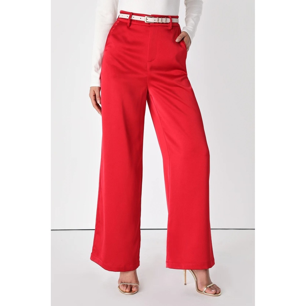 Lulus Modern Approach Red Satin Wide Leg Pants Medium Red Holiday Cocktail NWT
